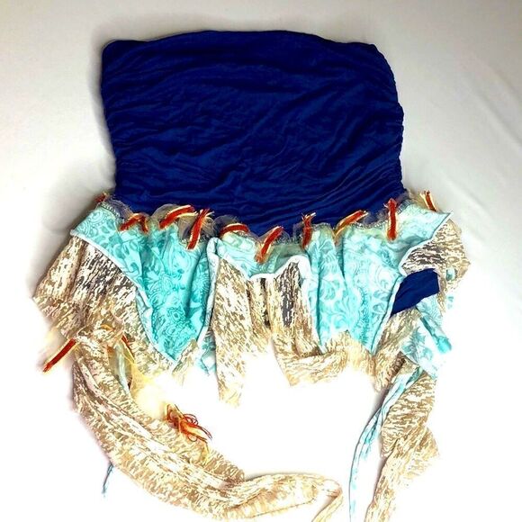 Ruched Mini Dance Skirt with Ruffles & Ties, Blue - Picture 2 of 4